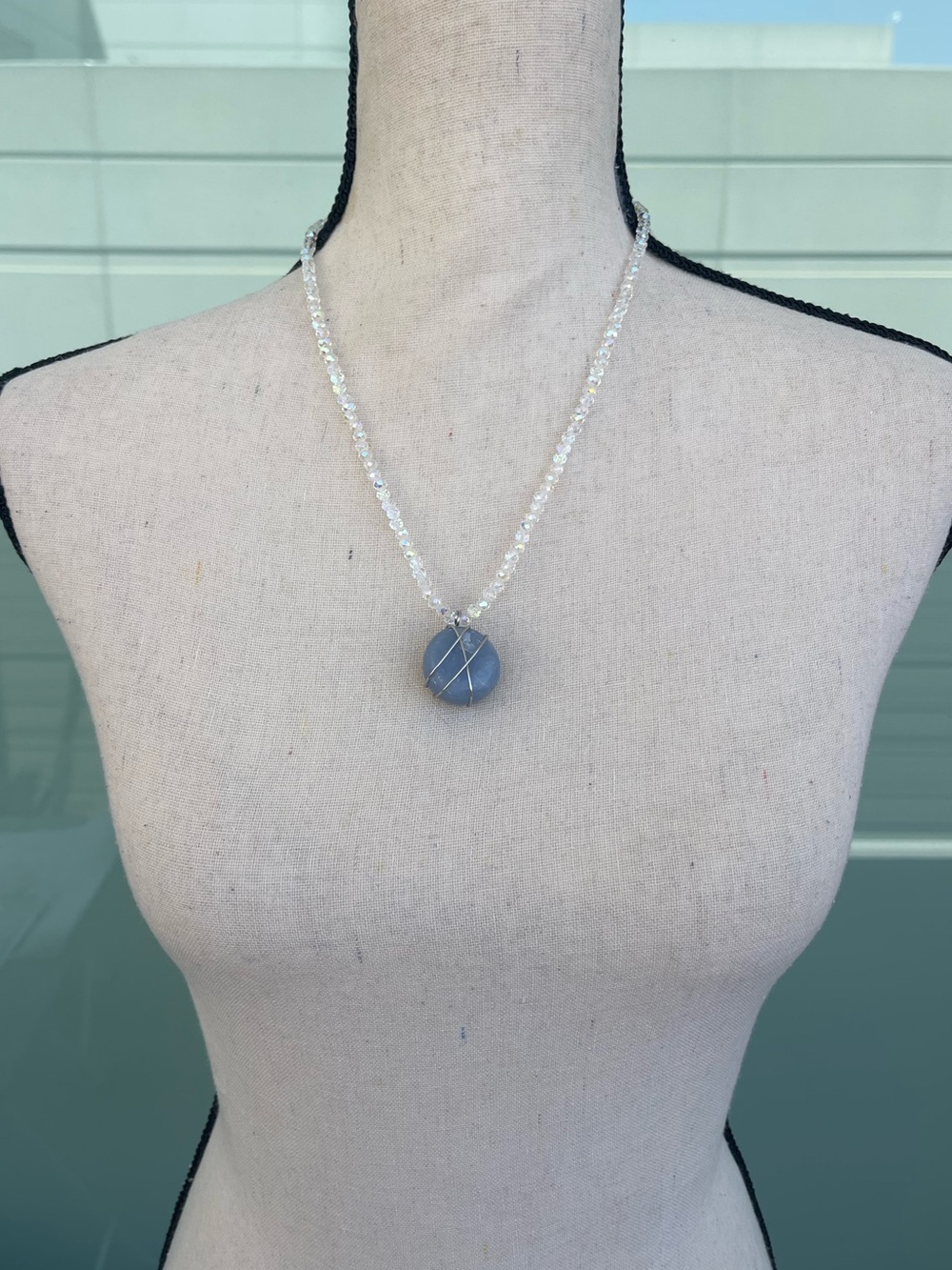 Blue Anhydrite Stainless Steel Sliver Wire Wrap Necklace White AB Glass Beads - Picture 2 of 5